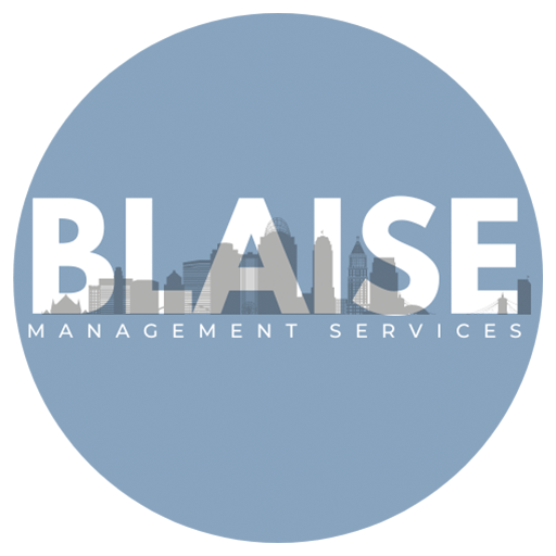 Blue circle logo with "BLAISE MANAGEMENT SERVICES" in bold white letters. A city skyline silhouette is integrated into the text, contrasting with the background.