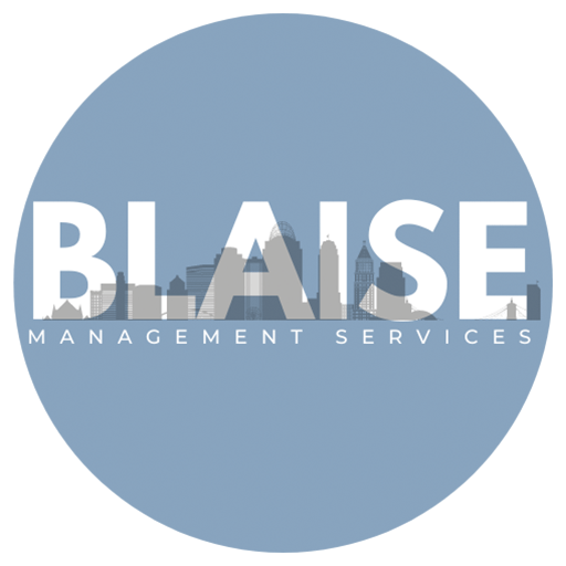Blue circle logo with "BLAISE MANAGEMENT SERVICES" in bold white letters. A city skyline silhouette is integrated into the text, contrasting with the background.