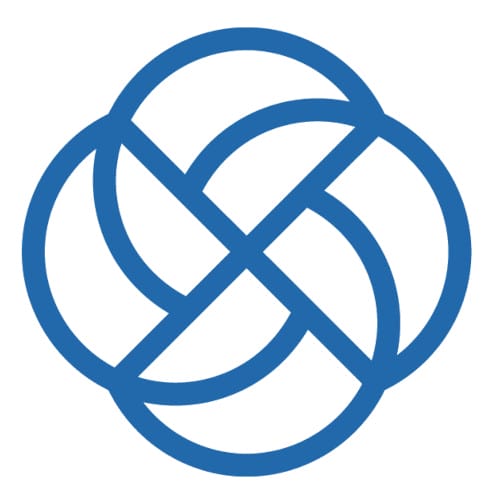A blue geometric logo with interlocking circular shapes forming a symmetrical pattern. The design consists of overlapping arcs that create a complex, flower-like emblem with a central focus. The background is plain white.