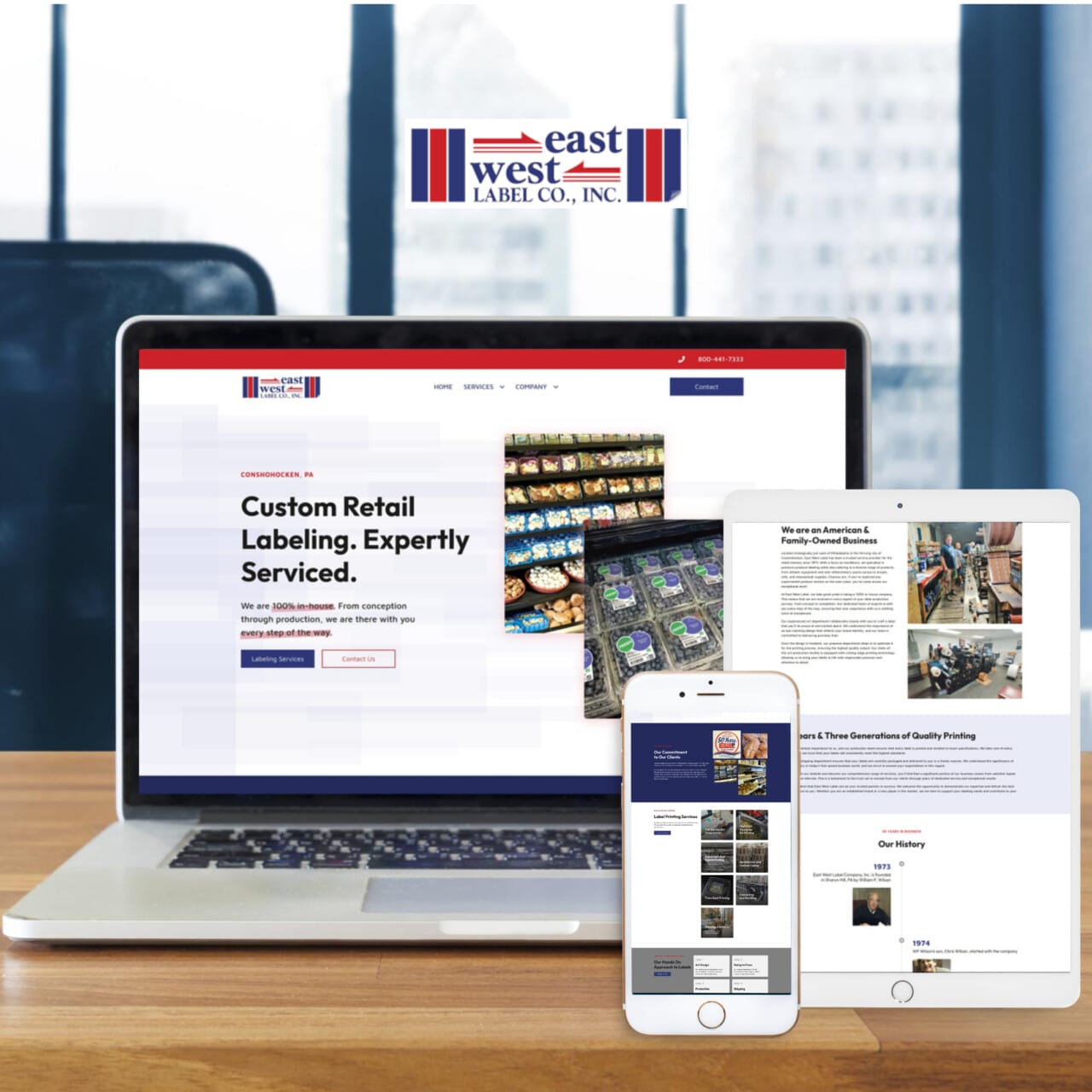 Website mockup on desktop, tablet and mobile for East West Label Company