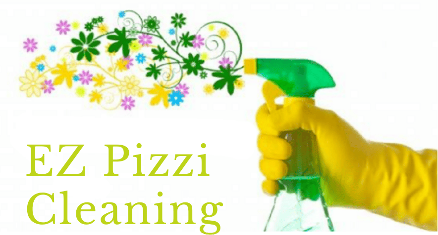 A gloved hand holds a spray bottle with colorful floral designs coming out, symbolizing freshness. "EZ Pizzi Cleaning" is written in green text on the left. The background is white.