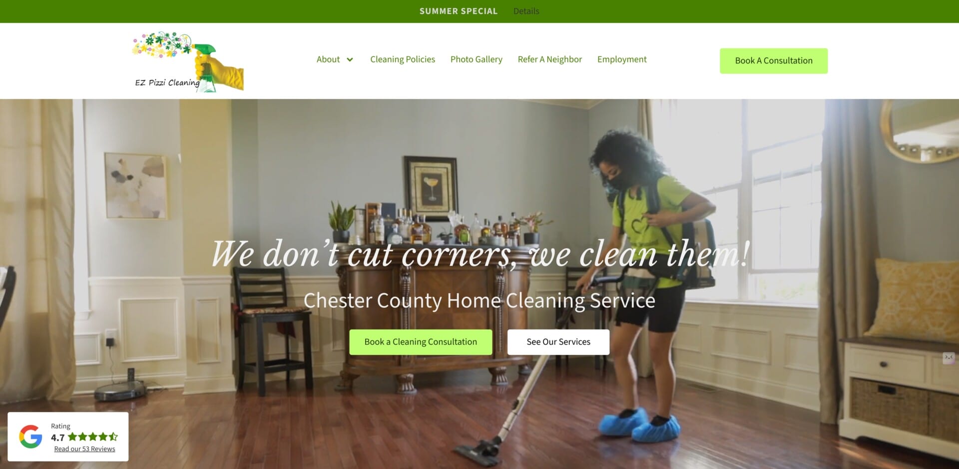 A person in a green shirt and blue shoe covers vacuums a wooden floor in a well-lit living room. A bar cart with drinks and plants is against the back wall. The text overlays read "We don’t cut corners, we clean them!" and "Chester County Home Cleaning Service.
