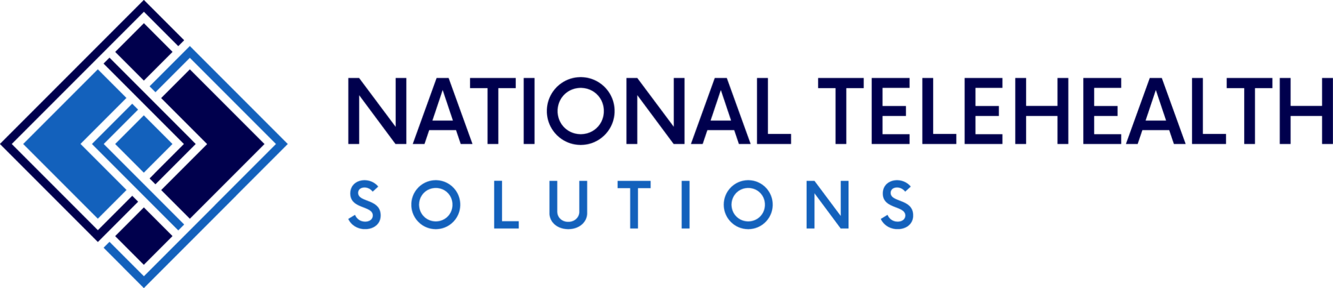Logo of National Telehealth Solutions featuring overlapping geometric diamond shapes in various shades of blue, followed by the text "National Telehealth Solutions" in blue uppercase letters.
