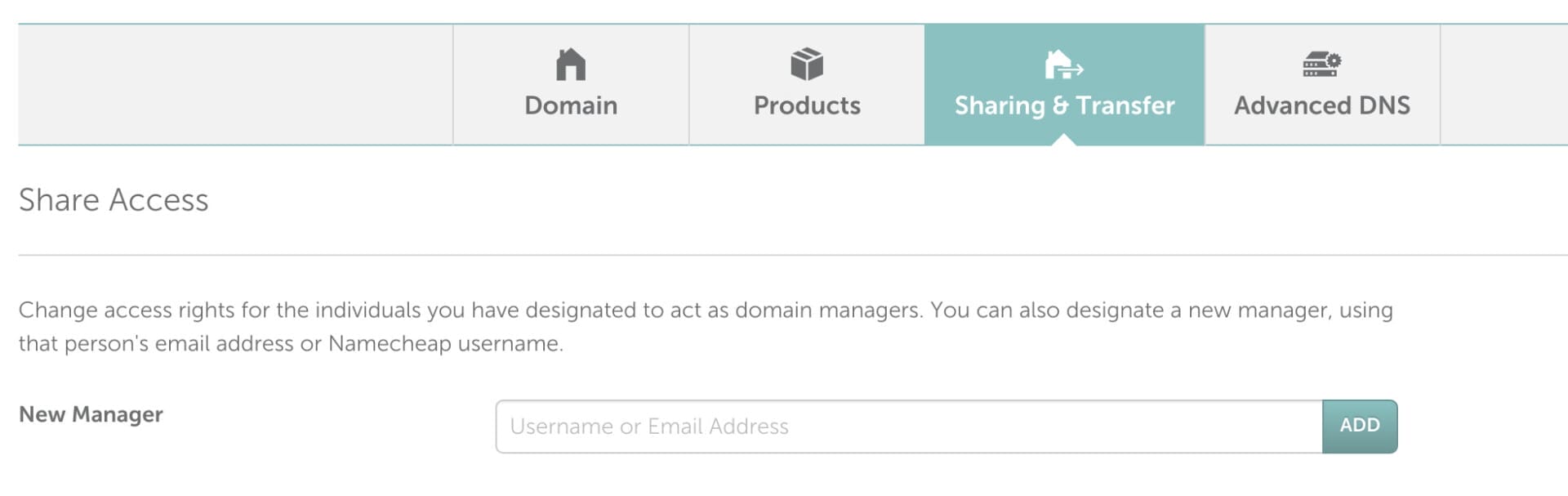 screenshot showing where to add new manager email to namecheap.com domain