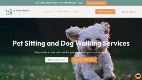 A cheerful white dog runs toward the camera on a grassy field. The website header celebrates 20 years of pet sitting services and offers pet sitting and dog walking services. It includes buttons labeled "Browse Our Services" and "New Client - Start Here." Contact details are provided.