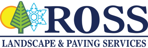 Logo for Ross Landscape & Paving Services. It features a stylized tree, sun, and snowflake beside the text "ROSS" in bold, with "LANDSCAPE & PAVING SERVICES" beneath, all in a dark blue color.