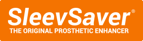 Orange rectangular logo with white text: "SleevSaver®" above "THE ORIGINAL PROSTHETIC ENHANCER.