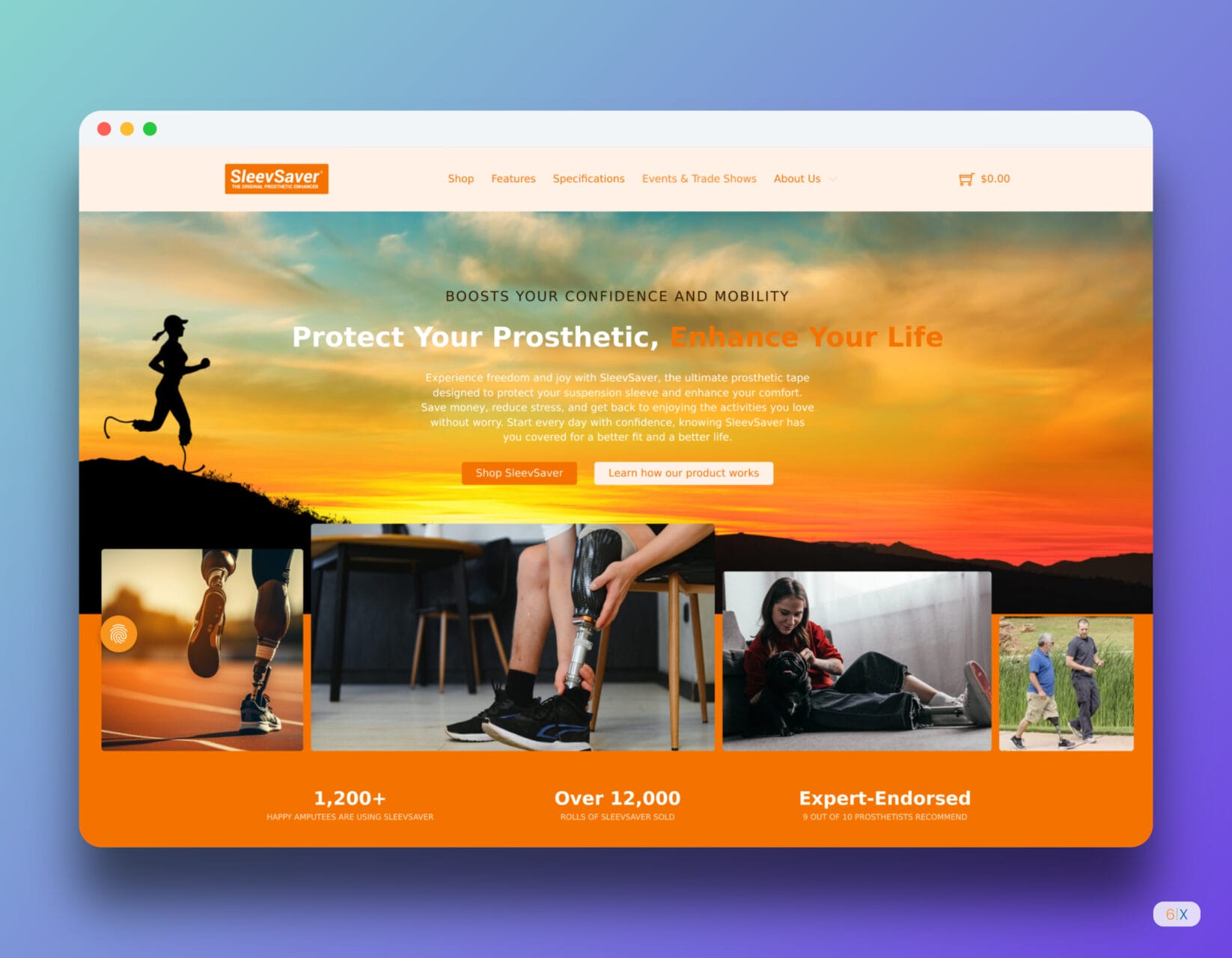 A website homepage displaying an advertisement for SleeSaver, featuring images of people using prosthetics in various settings. The header reads, "Protect Your Prosthetic, Enhance Your Life." Buttons for shopping and learning more are visible.