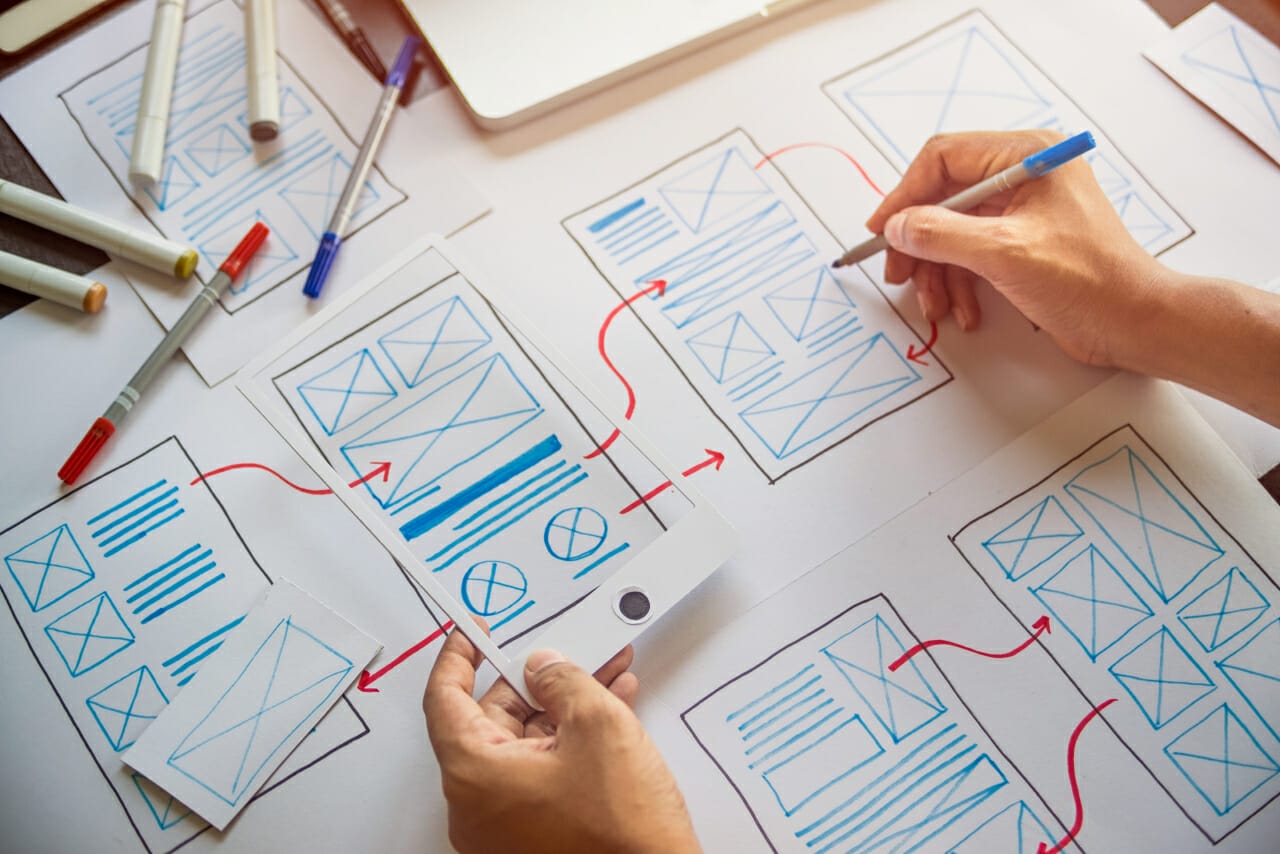 hand drawn sketch of website pages and flow