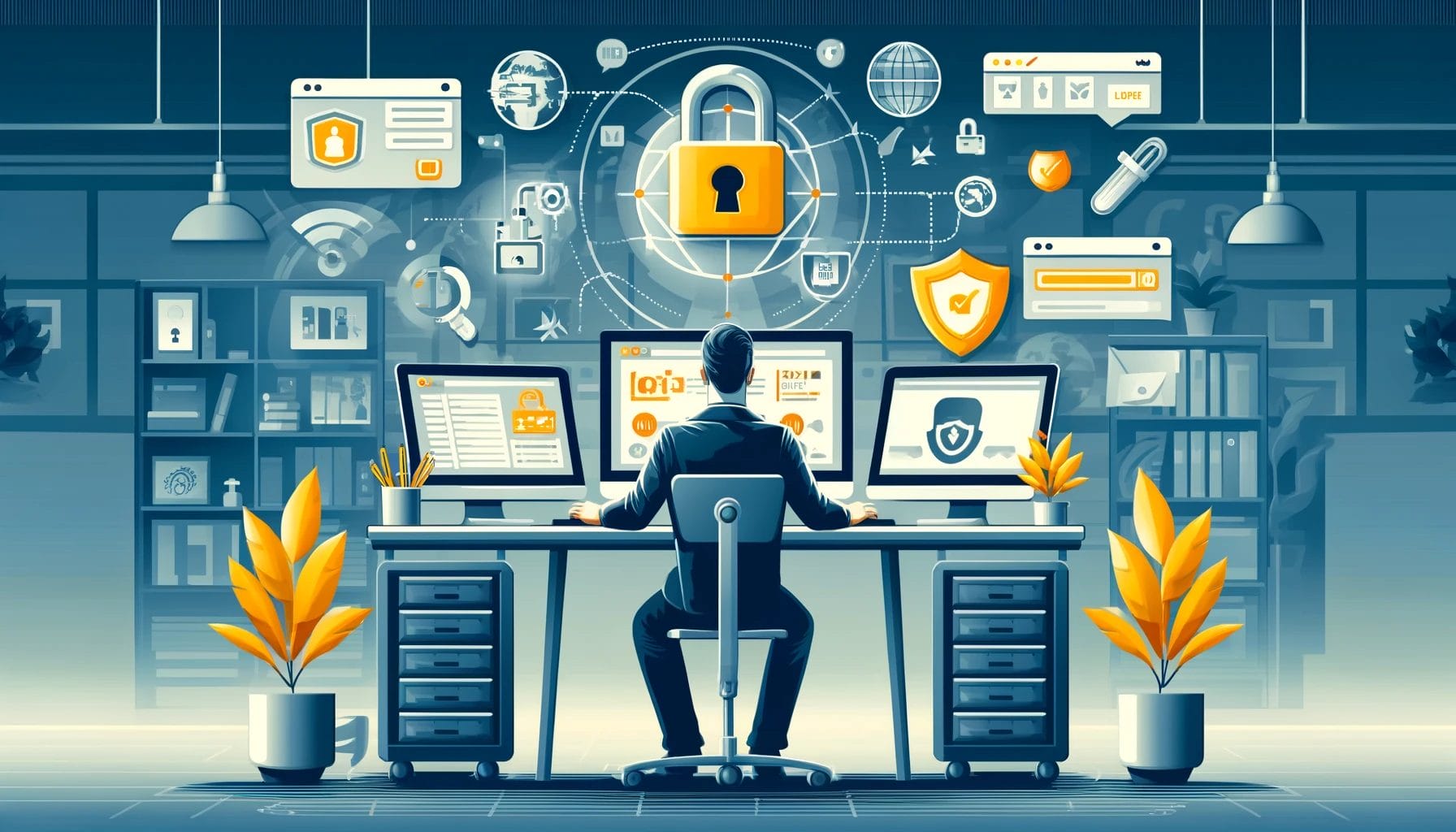 ai rendered image of an illustrated person sitting in front of digital and online security icons